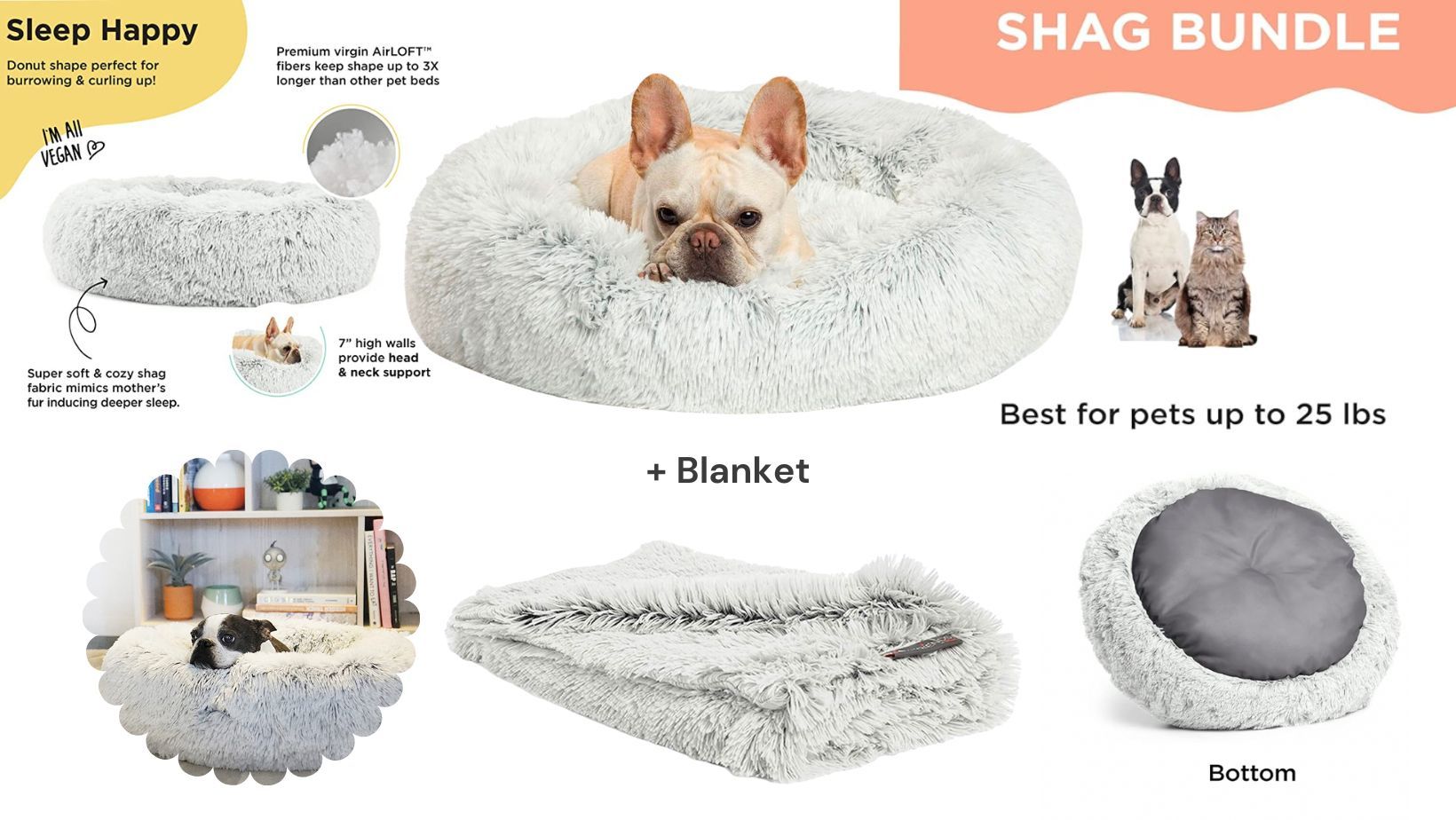 French Bulldogs in 'Best Friends by Sheri Bundle Set, The Original Calming Shag Donut Cuddler with Blanket" and other features
